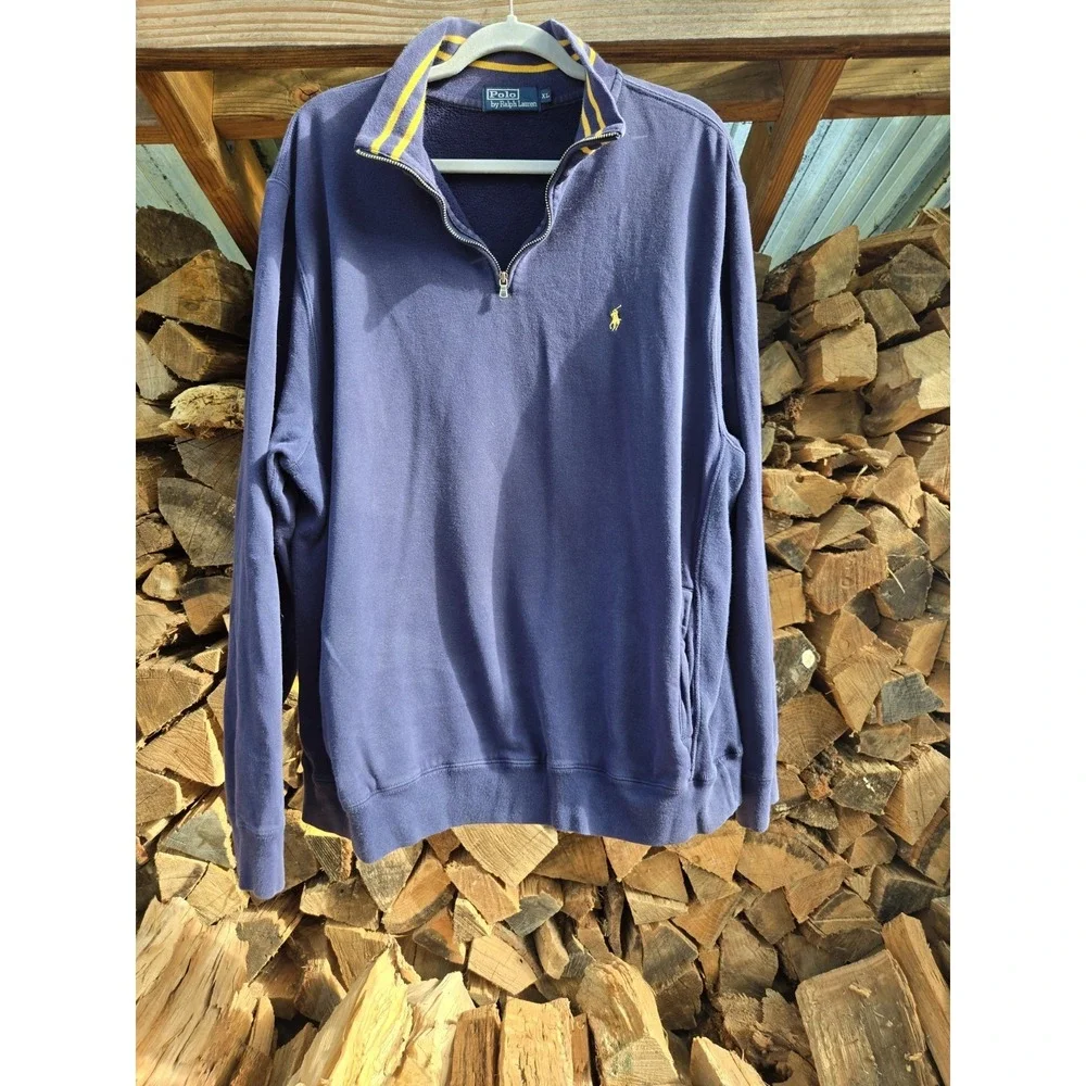 Vintage Polo Ralph Lauren Stripe Collar Quarter Zip Blue Jumper Sweater Men's XL